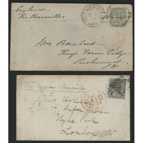 523 - LATER QV SINGLE FRANKING COVERS VIA SOUTHAMPTON, MARSEILLES OR BRINDISI; 1865-1902 lot inc. 1865/7 p... 