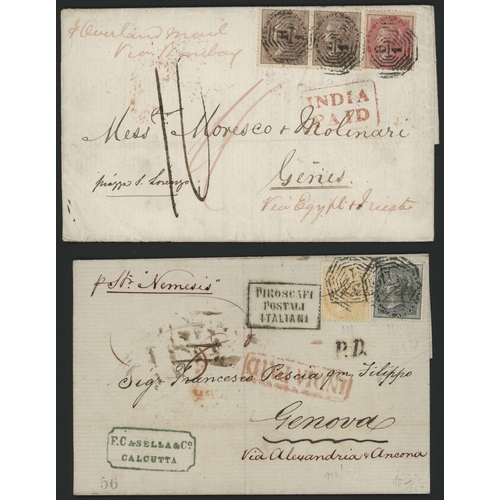 531 - ITALY - CALCUTTA TRIO TO GENOA WITH DIFFERENT FRANKINGS VIA BRITISH P.O. IN ALEXANDRIA; 1863/9 trio ... 