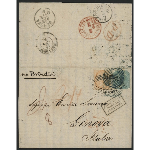 531 - ITALY - CALCUTTA TRIO TO GENOA WITH DIFFERENT FRANKINGS VIA BRITISH P.O. IN ALEXANDRIA; 1863/9 trio ... 