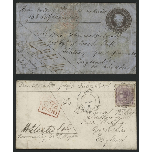 534 - OUDH FIELD FORCE + AMBELA EXPEDITION SOLDIERS' CONCESSION RATE COVERS TO G.B.; Unusual 21(?) Jan. 18... 