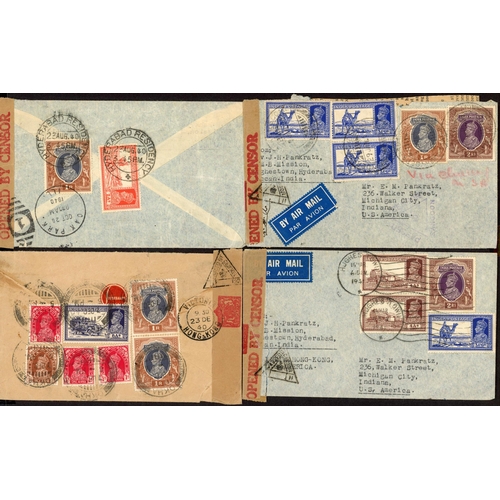 574 - WWII PERIOD AIR MAILS TO USA VIA HONG KONG: Selection of 9 covers inc. 7 censor labels, 2 'unopened'... 