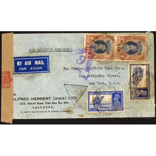 574 - WWII PERIOD AIR MAILS TO USA VIA HONG KONG: Selection of 9 covers inc. 7 censor labels, 2 'unopened'... 