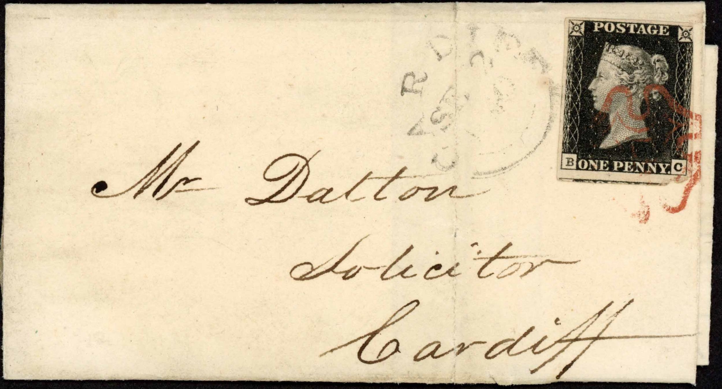 PLATE 1b BC: 1840 EL Newbridge to Cardiff with 1d black Pl. 1b BC tied ...