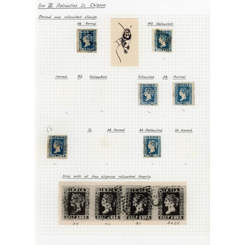 559 - 1855 ½a DIE III - RETOUCHES ETC.  with positions 26 (2, one retouched) used on covers, 34 retouched,... 