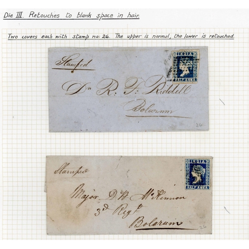 559 - 1855 ½a DIE III - RETOUCHES ETC.  with positions 26 (2, one retouched) used on covers, 34 retouched,... 