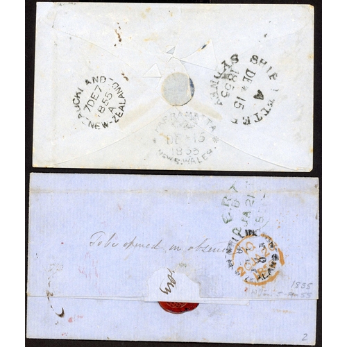 661 - NEW ZEALAND TO SCOTLAND & AUSTRALIA MAILS: 1855 Pair inc Sep 1855 EL Wellington to Perth, Scotland w... 