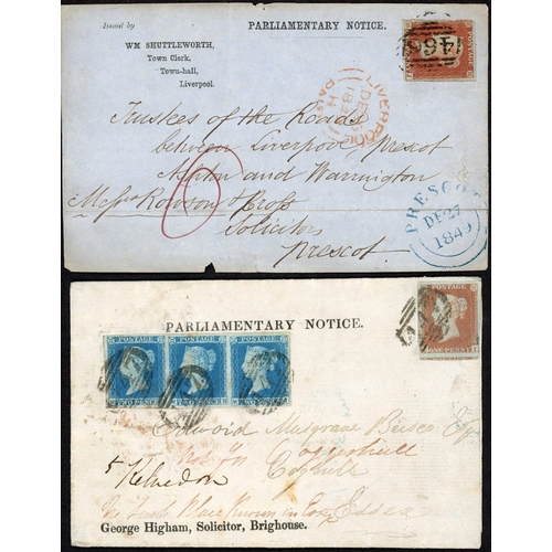 1038 - PARLIAMENTARY NOTICE RATE COVERS WITH IMPERF. ISSUES - 6d FEE PAID IN CASH OR WITH 2d BLUES STRIP; A... 