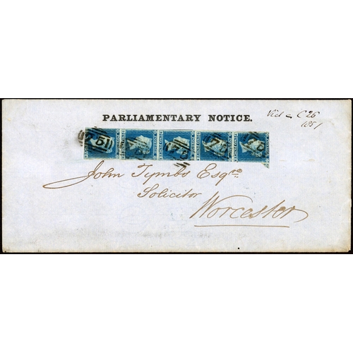 1041 - PARLIAMENTARY NOTICE COVER WITH 1841 2d VERTICAL STRIP OF FIVE EX BIRMINGHAM; Attractive long 9 Dec.... 