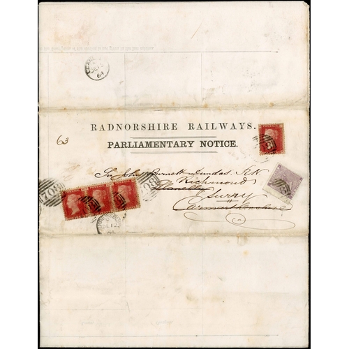 1047 - PARLIAMENTARY NOTICE REDIRECTED PAIR WITH 6d+ 2d BLUE+ 2x1d REDS OR WITH 6d+ 4x1d REDS; 21 Nov. 1864... 