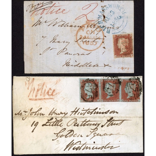 1055 - HERTS. - NOTICE RATE COVERS WITH RARE IMPERF. 1d FRANKINGS - STRIP OF 3 OR SINGLE WITH 2d CASH-PAID;... 