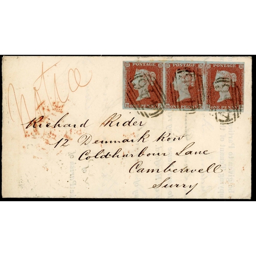 1056 - HEREFS. - NOTICE RATE COVER WITH RARE IMPERF. 1d FRANKING - ATTRACTIVE STRIP OF THREE; 23 Aug. 1852 ... 