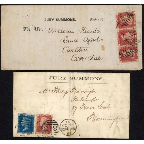 1072 - RARE EARLY JURY SUMMONS's INC. TWO WITH QV LINE ENGRAVED FRANKINGS SENT AT SPECIAL 3d RATE; Small 18... 