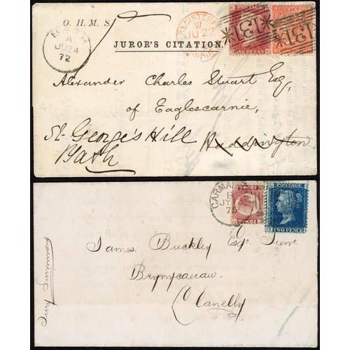 1073 - EARLY JURY SUMMONS'S INC. THREE WITH QV LINE ENGRAVED FRANKINGS SENT AT 2½d, 3d OR 5d RATES; 1872/76... 