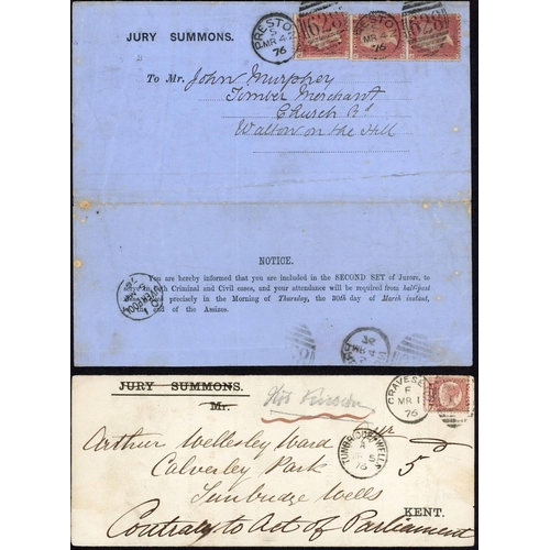 1073 - EARLY JURY SUMMONS'S INC. THREE WITH QV LINE ENGRAVED FRANKINGS SENT AT 2½d, 3d OR 5d RATES; 1872/76... 