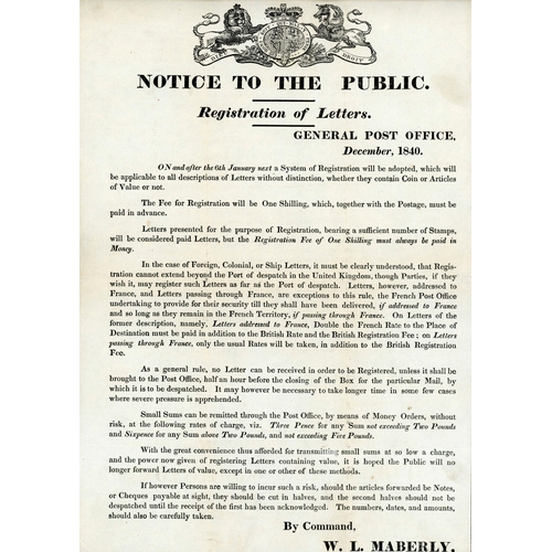 1081 - IMPORTANT 1840 POST OFFICE NOTICE REF. THE START OF THE G.B. REGISTERED MAIL SYSTEM; Fine example of... 