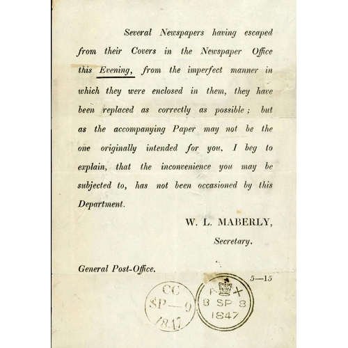 1083 - NEWSPAPER MAIL DELIVERY PROBLEMS - P.O. CIRCULAR & HAND-WRITTEN LETTER; Small 8/9 Sept. 1847 printed... 