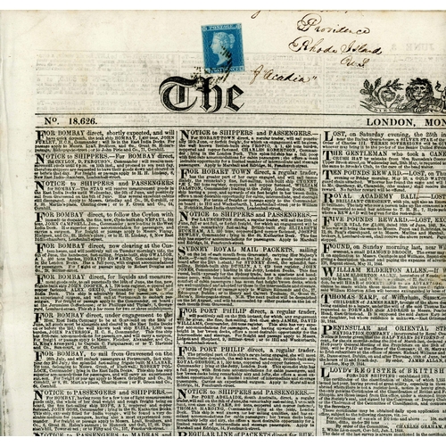 1105 - TRANSATLANTIC USAGE OF 'THE TIMES' WITH 1841 2d BLUE EX LONDON TO PROVIDENCE, R.I.; Fine complete 8-... 