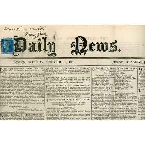 1109 - TRANSATLANTIC USAGE OF THE 'DAILY NEWS' FROM LIVERPOOL TO NEW YORK WITH 2d BLUE PLATE No.; Fine & co... 