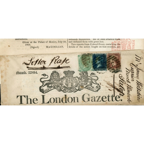 1110 - 'LONDON GAZETTE' EXCEPTIONALLY SENT AT LETTER RATE WITH 2d BLUE +1d RED +1/- GREEN FOR THE 6oz-7oz R... 