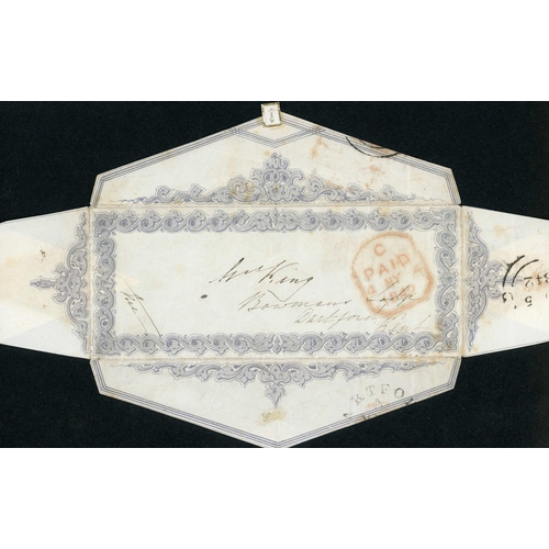 1123 - FANCY BLUE-GREY-PRINTED ENVELOPE DECORATED BACK & FRONT SENT FROM LONDON TO DARTFORD; 4 May 1842 env... 