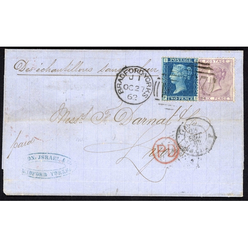 1127 - SAMPLES OF NO VALUE ENDORSED QV COVERS TO FRANCE/ITALY + 6d-RATE TO SPAIN & P.O. NOTICE; 1862/67 tri... 