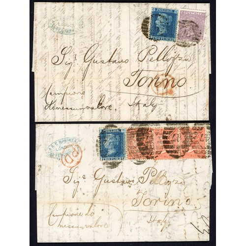 1127 - SAMPLES OF NO VALUE ENDORSED QV COVERS TO FRANCE/ITALY + 6d-RATE TO SPAIN & P.O. NOTICE; 1862/67 tri... 