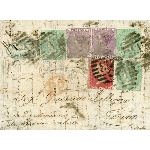 1128 - SAMPLES OF NO VALUE ENDORSED QV 3-COLOUR FRANKING COVER TO ITALY AT 4s-1d LETTER RATE; 9 Aug. 1862 E... 