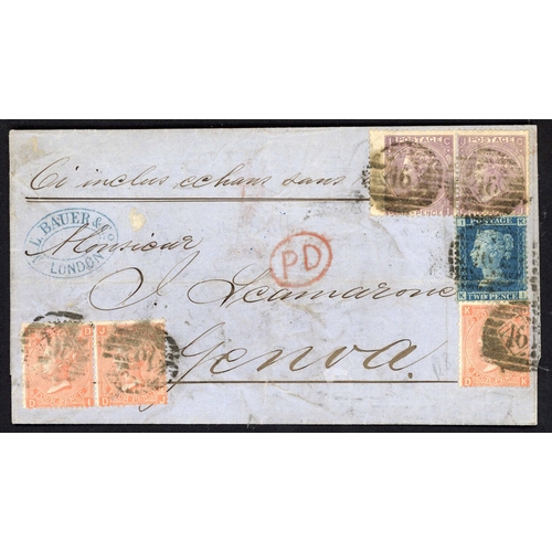 1130 - SAMPLES OF NO VALUE ENDORSED QV 3-COLOUR FRANKING COVER TO ITALY AT 2s-2d LETTER RATE; 14 Nov. 1866 ... 