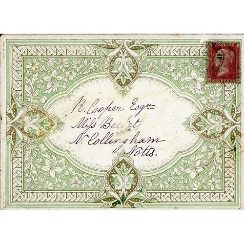 1135 - SPECTACULAR GREEN & GOLD PRINTED DECORATIVE ENVELOPE WITH 1d RED SENT LOCALLY (VALENTINE?); 7 Feb. 1... 