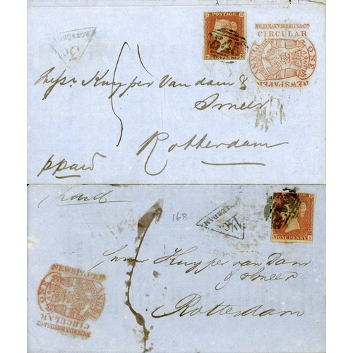 1140 - PRICES CURRENT COVERS WITH TAX STAMPS  PLUS 1d POSTAGE PAID WITH 1d REDS TO HOLLAND; Feb./May 1852 p... 