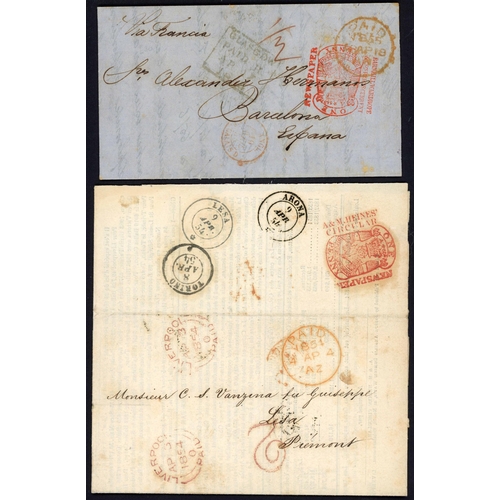 1142 - PRICES CURRENT COVERS WITH TAX STAMPS  (G.B. POSTAGE FREE) TO SPAIN/ITALY/FRANCE; 1854/55 stampless ... 