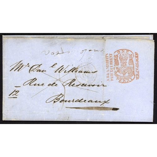 1142 - PRICES CURRENT COVERS WITH TAX STAMPS  (G.B. POSTAGE FREE) TO SPAIN/ITALY/FRANCE; 1854/55 stampless ... 