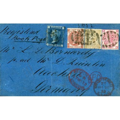 1153 - GERMANY - 4-COLOUR FRANKING (2d BLUE WITH 3d+9d+10d) FOR RARE REGISTERED 2s-0d BOOK-POST RATE; 26 Ma... 