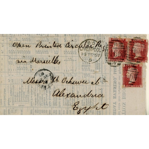 1166 - EGYPT - RARE 3d-RATE UNSEALED PRICES CURRENT WITH 1d REDS (3) EX LIVERPOOL TO ALEXANDRIA; Attractive... 