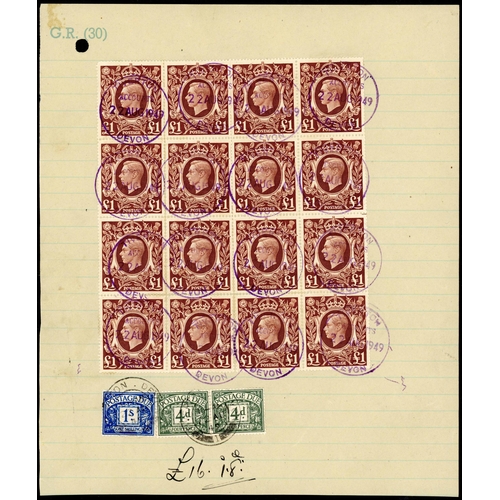 1191 - 1949 A VERY RARE POSTAGE DUE ITEM: 22 Aug. 1949 page from a ruled notebook bearing £1 brown two  blo... 