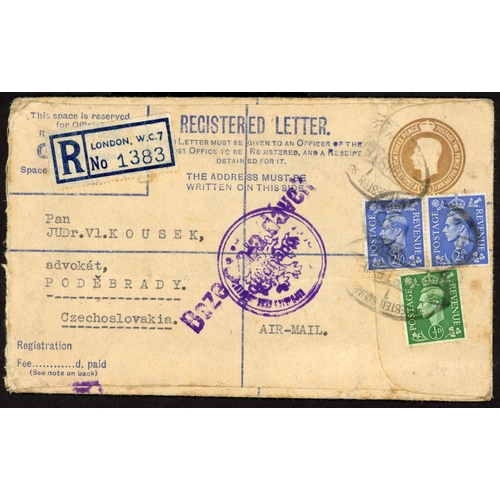 1199 - 1946-49 - MAIL TO CZECHOSLOVAKIA & HUNGARY: 30 Dec. 1946 5½d registered env. uprated with 2½d + pair... 