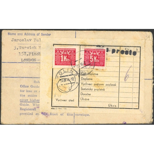 1199 - 1946-49 - MAIL TO CZECHOSLOVAKIA & HUNGARY: 30 Dec. 1946 5½d registered env. uprated with 2½d + pair... 