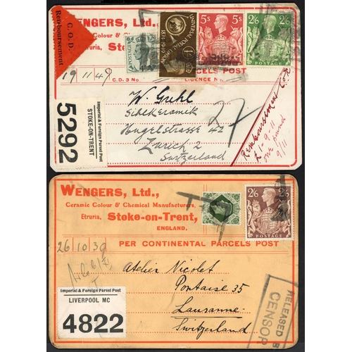 1203 - 1939-49 SWITZERLAND: 26 Oct. 1939 and 29 Mar. 1940  parcel cards from Stoke and Liverpool to Lausann... 