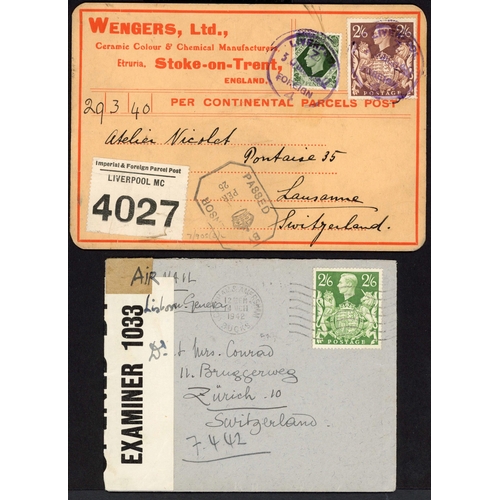 1203 - 1939-49 SWITZERLAND: 26 Oct. 1939 and 29 Mar. 1940  parcel cards from Stoke and Liverpool to Lausann... 