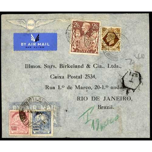 1242 - BRAZIL - THREE POSTAGE DUE ITEMS: 16 Nov. 1939 env. from Hull to Rio De Janeiro by Air France bearin... 