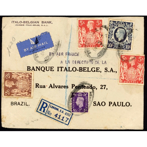 1243 - BRAZIL - THREE COLOUR FULL COVERS: 21 Feb. 1940 env. registered from London to Sao Paulo with 3d, 2/... 