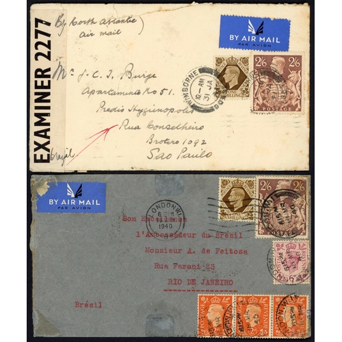 1243 - BRAZIL - THREE COLOUR FULL COVERS: 21 Feb. 1940 env. registered from London to Sao Paulo with 3d, 2/... 