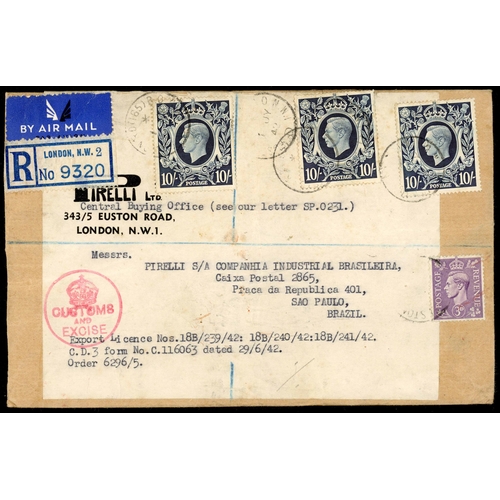 1247 - BRAZIL - RARE FRANKING WITH 10/- DARK BLUE: 1 July 1942 censored envelope and registered from London... 