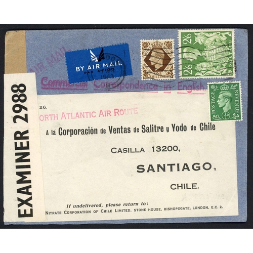 1252 - CHILE - 1940-43 FOUR HIGH VALUES USED ON SEPARATE COVERS: 10 May 1940 env. from Derby to Santiago wi... 