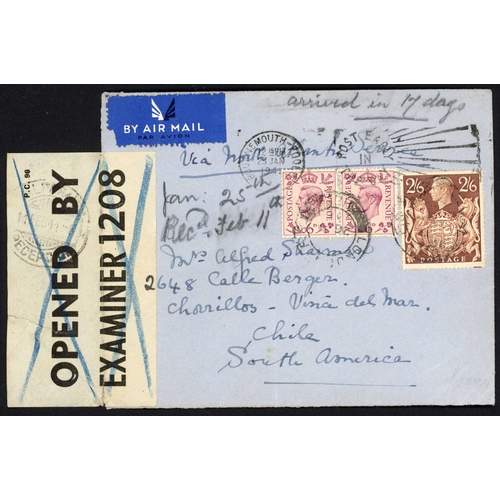 1253 - CHILE - SCARCE CENSORED COVER, ETC. inc. 25 Jan. 1941 env. from Bournemouth to Chile bearing 6d pair... 