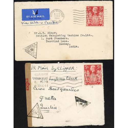 1277 - INDIA - SELECTION OF 1941  JUNE-DEC. CENSORED ENVS.: All bearing a single 5/- paying the ½oz single ... 