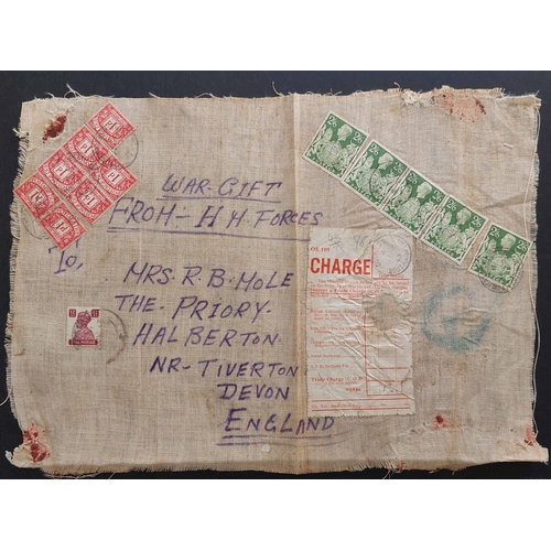 1278 - INDIA - TWO RARE ITEMS: 11 Oct. 1943 most unusual and rare front of a cloth wrapper (some minor fray... 