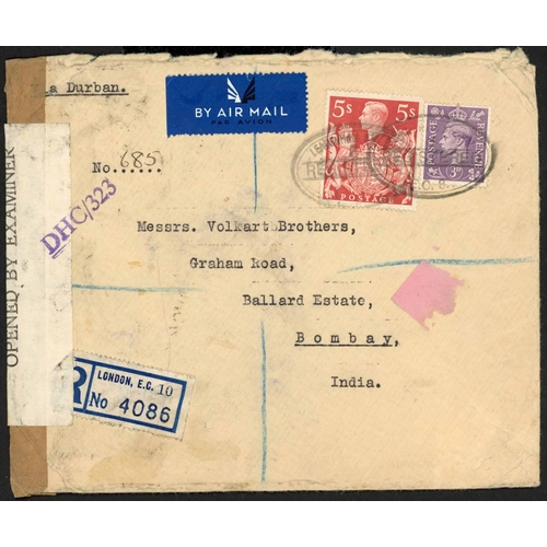 1279 - INDIA - INTERESTING GROUP OF FIVE COVERS inc. 2 June 1943 env. from London to Bombay being 3d, 1/- &... 