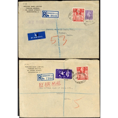 1280 - INDIA - POST WWII MAIL - 1946-53: 13 Aug. and 24 Oct. envs. (2) registered from Manchester to Bombay... 