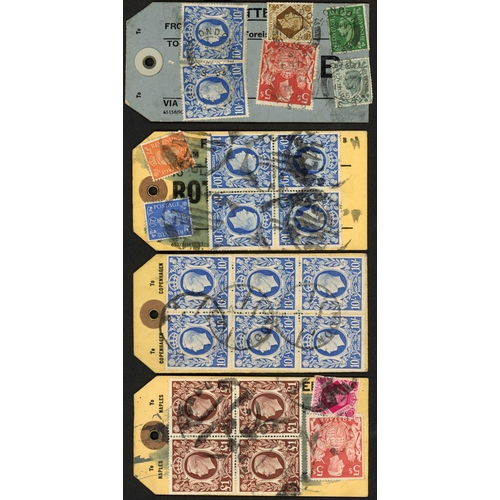 1332 - c1942-45 SIX TAGS WITH HIGH VALUES inc. examples from London to Copenhagen bearing over both sides ½... 